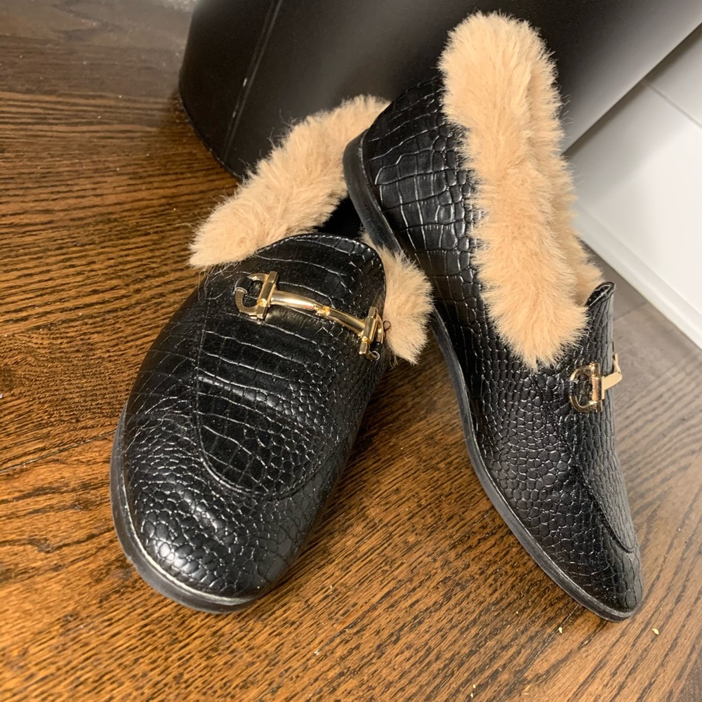 Black fur loafers